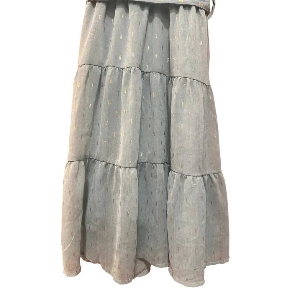 Sweet Wanderer Blue‎ Gold Metallic Clip Dot Crochet Lace Flutter Sleeve  Dress M